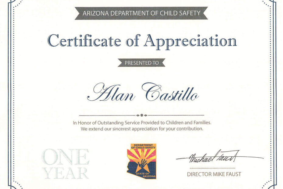 Certificate of Appreciation issued by the Arizona Department of Child Safety recognizing public service.